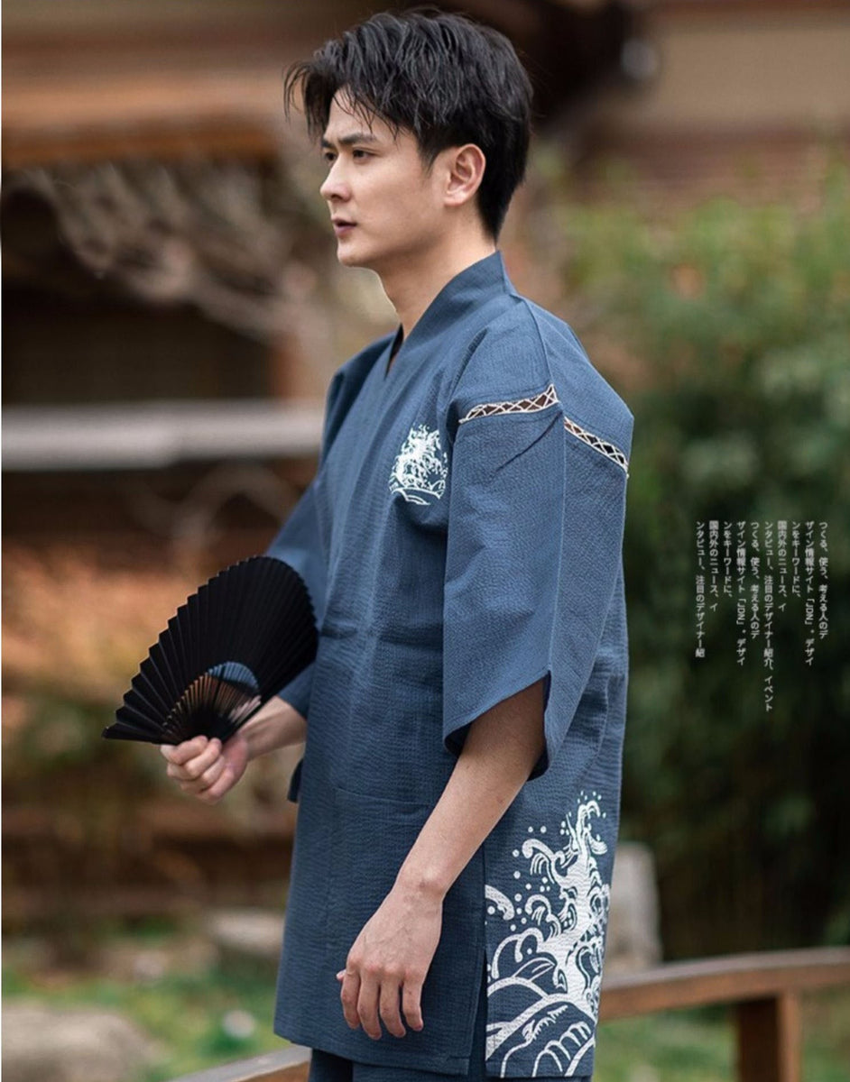 Blue Wave Print Jinbei Homewear Set | Zen Breaker display picture 1