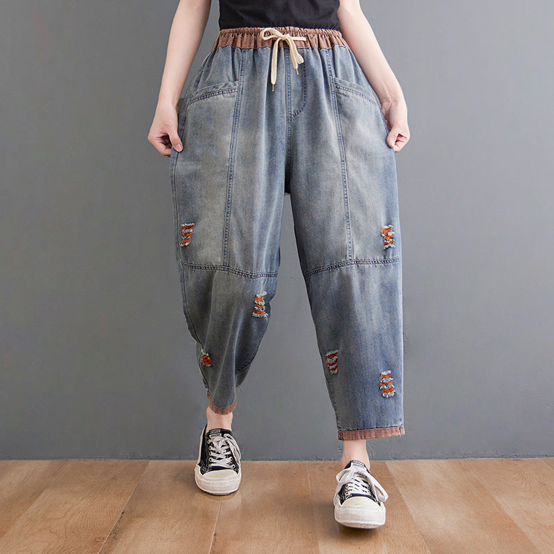 Elastic Waistband Light Wash Denim Pants main image 1
