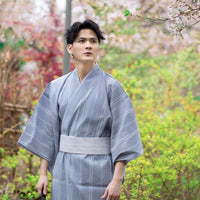 Men Light Gray Yukata Kimono Robe