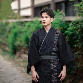 Men Wave Motif Yukata Kimono Robe