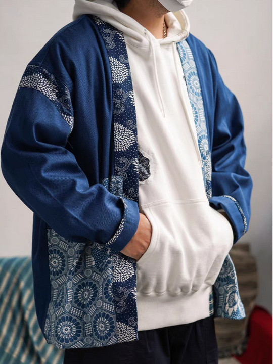 Indigo Japanese Motif Patchwork Kimono Jacket | Zen Breaker
