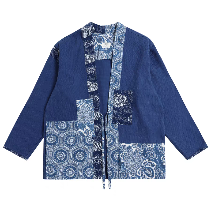 Indigo Japanese Motif Patchwork Kimono Jacket | Zen Breaker Indigo Japanese Motif Patchwork Kimono Jacket | Zen Breaker