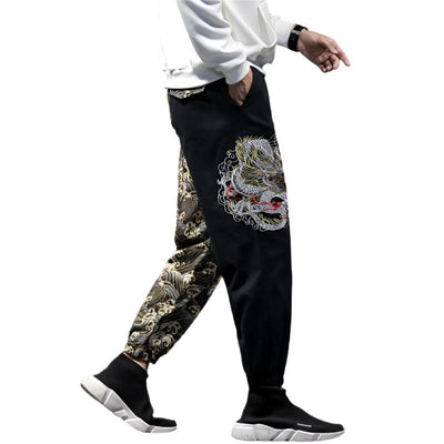 Embroidered Dragon Great Wave Tight End Pants