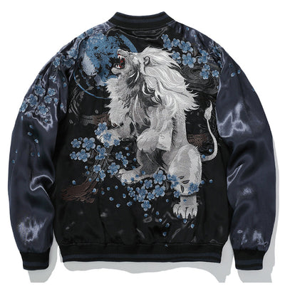 Black jacket with white lion design on a white background