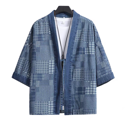 Checked Denim Haori Cardigan