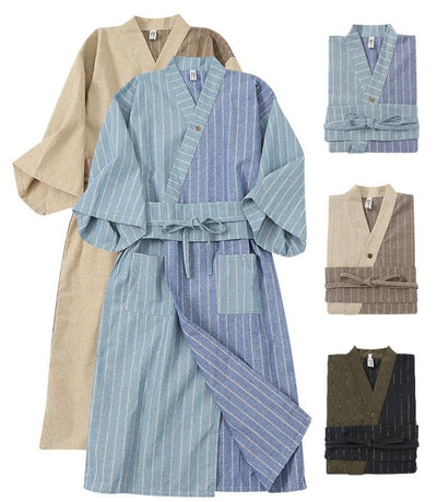 Color Contrast Cotton Blend Pajamas Kimono Robe