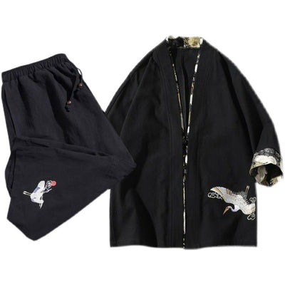 Flying Crane Embroidery Linen Kimono Jacket and Pants Set