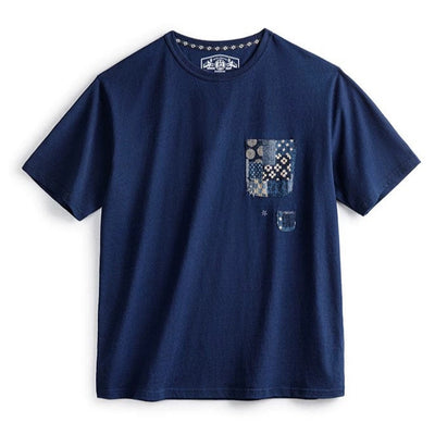 Navy blue t-shirt with a pocket design on a white background