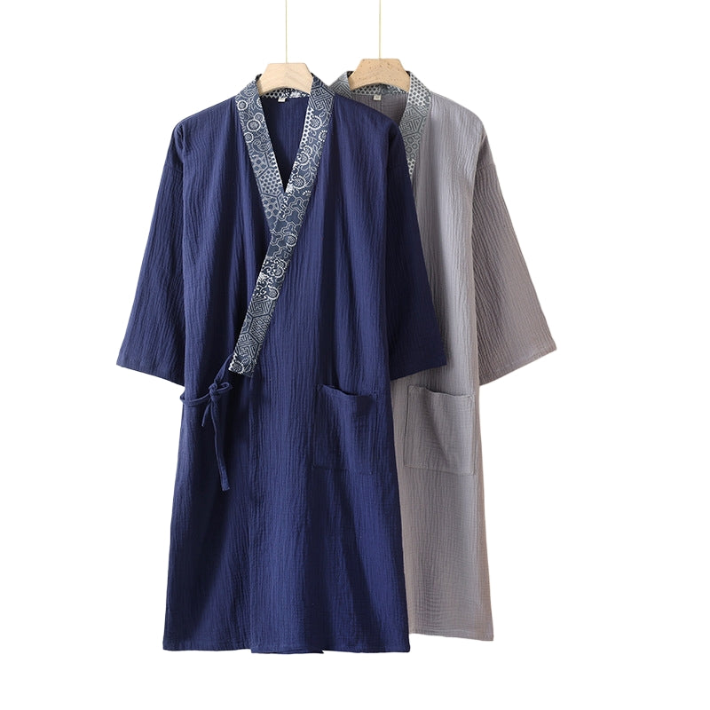 Patchwork Cotton Gauze Pajamas Kimono Robe Gray / M