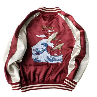 Crimson Crane Embroidery Baseball Jacket