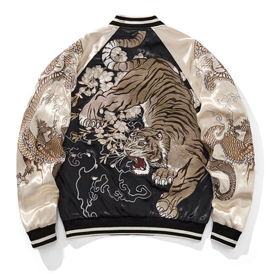 Embroidered jacket with tiger design on a white background