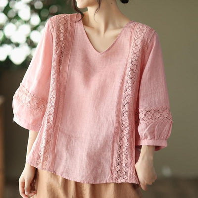 Pink Relaxed Fit V Neck Puff Sleeves Linen Top