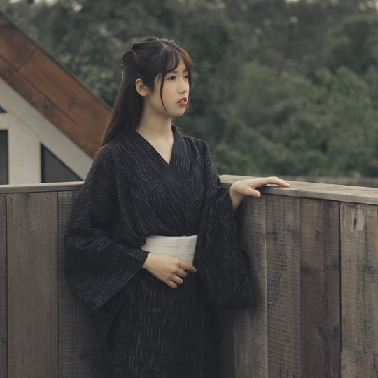 Women Traditional Black Kimono Robe with Obi Belt | Zen Breaker