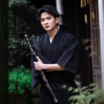 Men Black Stripe Yukata Kimono Robe