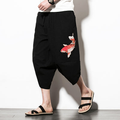 Black Embroidered Koi Drawstring Cropped Pants - Kimura Fox