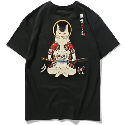 Samurai Cat & Embroidered Fox Mask T-Shirt - Kimura Fox