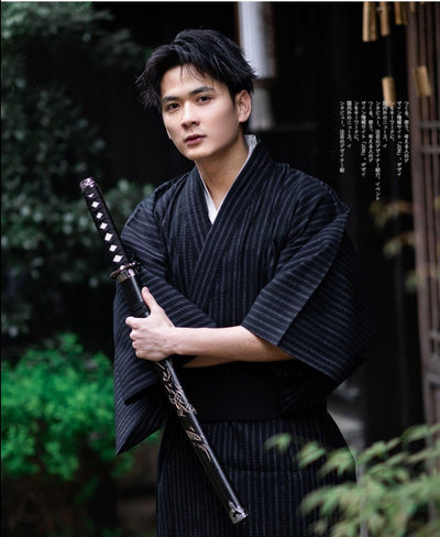 Men Black Stripe Yukata Kimono Robe - Zen Breaker