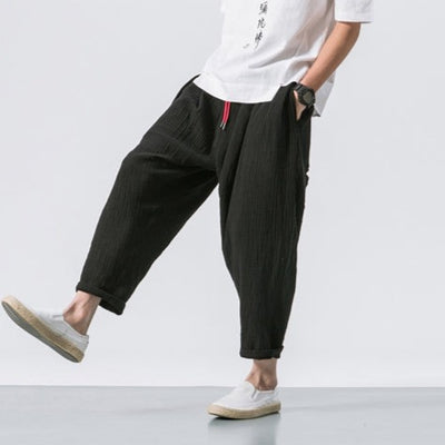 Black Ankle-Length Loose Harem Linen Pants