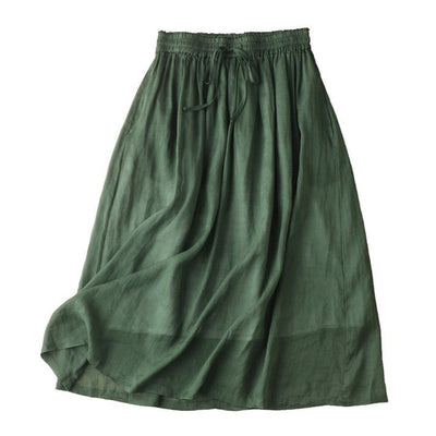 Green Elastic Waist A-Line Ramie Skirt
