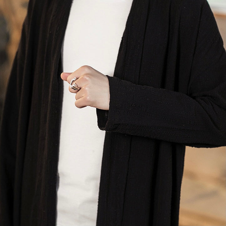 Black Linen-Blend Open Long Cardigan | Zen Breaker