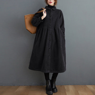 Black Retro French Style Corduroy Long Coat