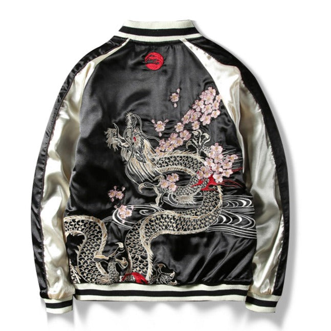 Reversible Dragon & Koi Embroidery Baseball Jacket
