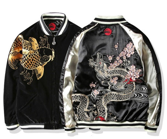Reversible Dragon & Koi Embroidery Baseball Jacket | Zen Breaker