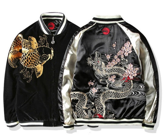 Reversible Dragon & Koi Embroidery Baseball Jacket | Zen Breaker