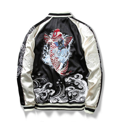 Reversible Koi & Dragon Embroidery Baseball Jacket