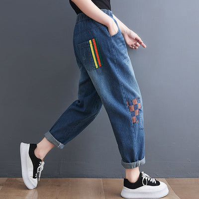 Striped and Checked Patchwork Denim Easy Pants