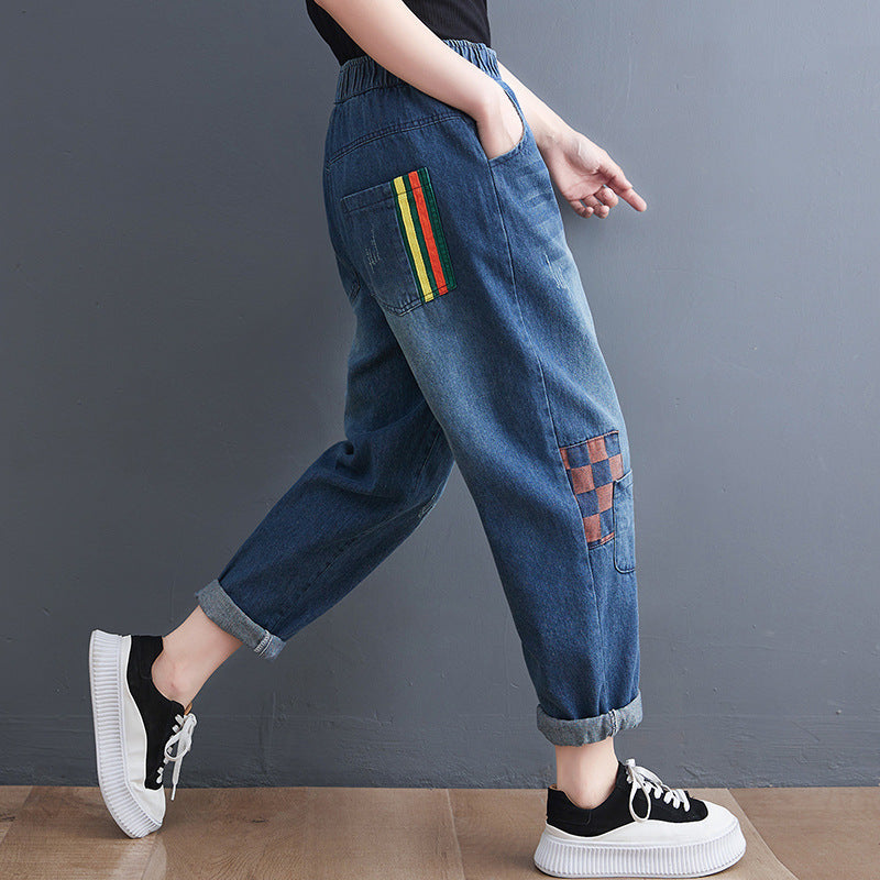 Striped and Checked Patchwork Denim Pants | Zen Breaker