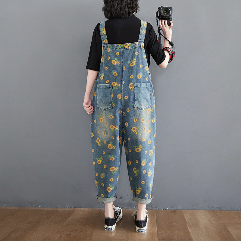 Sunflowers Print Denim Loose Overalls | Zen Breaker