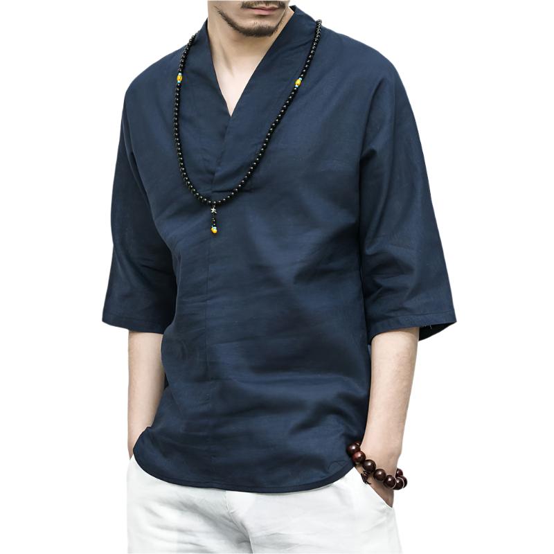 V-Neck 3/4 Sleeve Kung Fu Linen Shirt | Zen Breaker